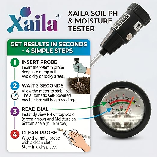 Xaila 2-in-1 Soil pH & Moisture Meter, 300mm Probe – Replacement for Standard Testers, No Battery, Deep Penetration for Garden, Farm, Lawn, Indoor/Outdoor Plants