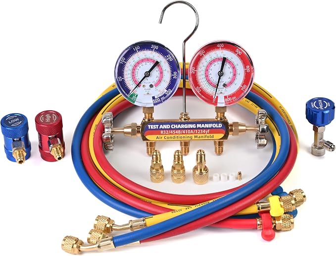 Upgrade 42036 Test & Charging Manifold with 3-1/8"(80 mm) Gauges, A2L Compatible, 2-Valve, 60" Refrigerant Hose, Color-Coded Scales, HVAC Manifold for R32/454B/410A/1234yf,Y/R/B Hoses