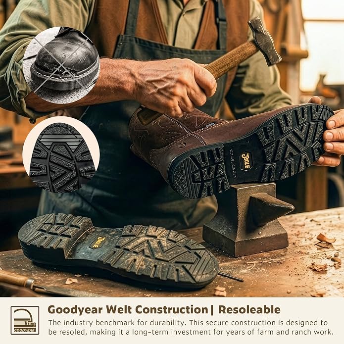 J‘s.o.l.e Men's Cowboy Work Boots Leather Goodyear Welt Non-Slip Rubber Outsole Round Toe Pull-On Brown – Steel Toe & Soft Toe Options