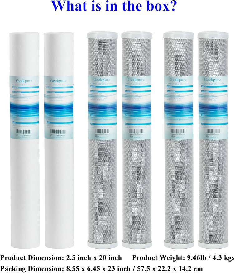 Geekpure Whole House Replacement Water Filer Cartridges-2.5" x 20" - 5 Micron - 6 Pack PP Sediment and Carbon Filters