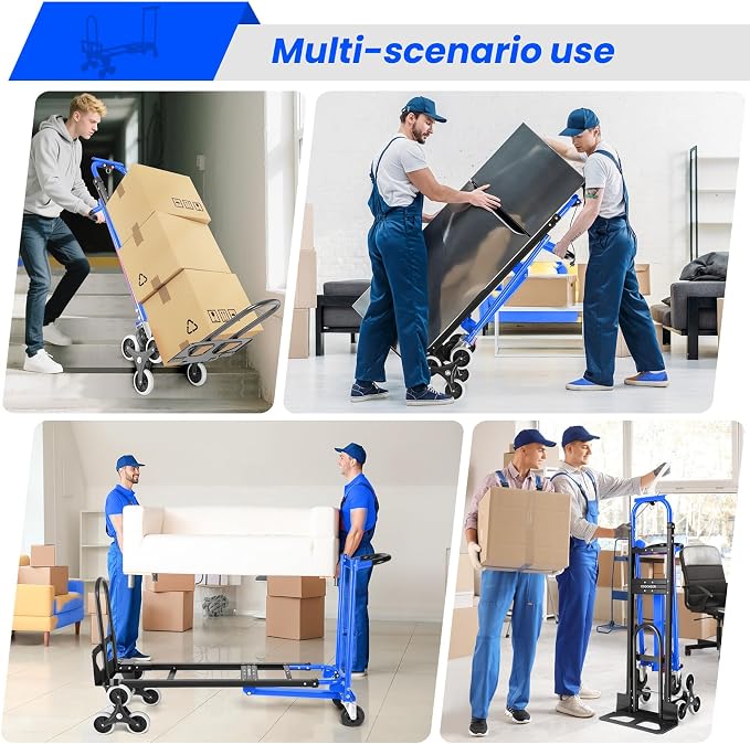 Professional 1000LBS Stair Climbing Hand Truck, Heavy Duty 3-in-1 Aluminum Convertible Dolly Cart with Solid Wheels for Moving, Office, Travel (Blue)