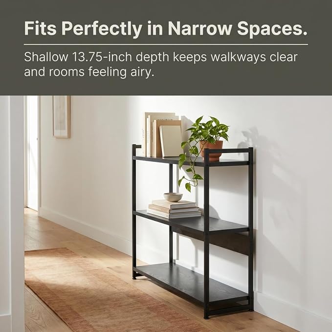 Household Essentials Jamestown Wide 3 Shelf Open Storage Bookshelf Black Oak Wood Grain and Black Metal