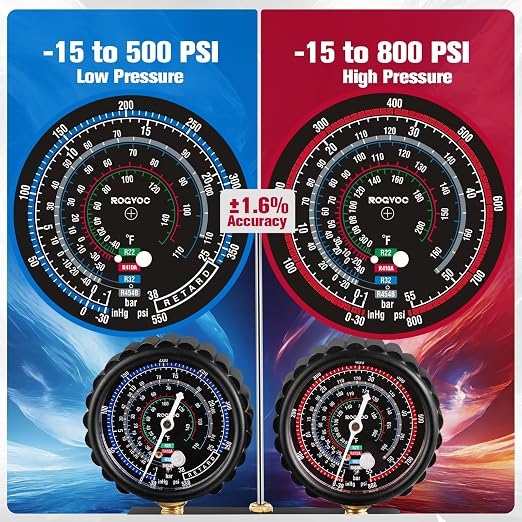 3-Way R454B AC Gauge Set, HVAC A2L Manifold Gauges for R454B/R32/R410A/R22 Refrigerant with A2L/R410a Adapters, 5FT Hoses