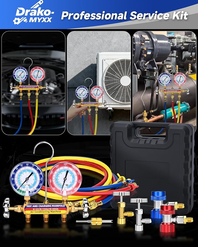 Upgraded New 42006 Test and Charge Manifold Set, with 3-1/8" (80 mm) Gauge, with 72" HVAC Hoses and Quick Coupler Adapters, 1/4" Standard Flared Fittings, Suitable for R-22/134A/404A, Toolbox