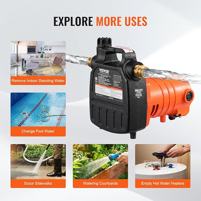 VEVOR Cast Iron Water Transfer Pump, 115V AC 1600 GPH 1/2HP, Portable Electric Utility Pump with Carbon Brush, Filter, Brass Connectors, for Garden, Rain Barrel, Pool, Pond, Hot Tub, Aquarium Draining