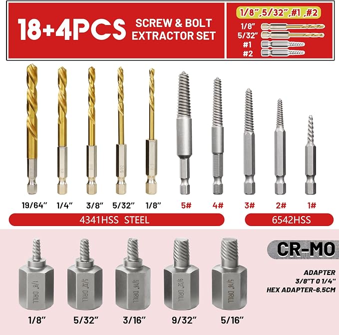 22Pcs Screw Extractor Set, Left Hand Drill Bit Set 6542/4341 HSS, Easy Out Bolt Extractor Set with Hex Adapter, Multi-Spline Stripped Bolt Remover for Broken Rusted Nuts Screws, Bolts, Studs