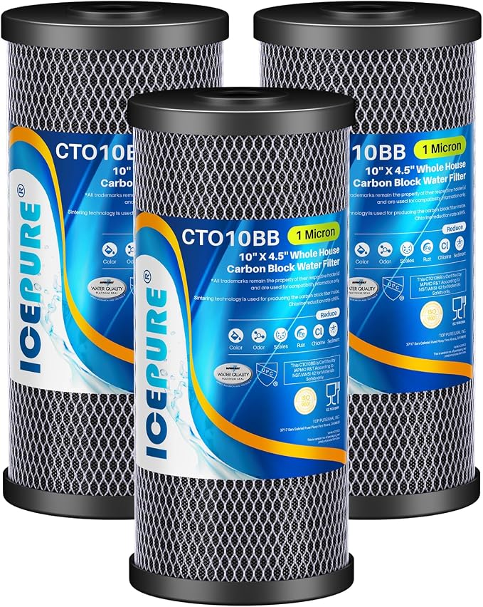 ICEPURE 10"X4.5",1 Microns Whole House Sediment Activated Carbon Water Filter Compatible with Dupont WFHDC8001,EP Series,EPM Series,CB-BB-10, GE FXHTC, GXWH40L, GXWH35F, GNWH38S, CTO10BB,3PACK