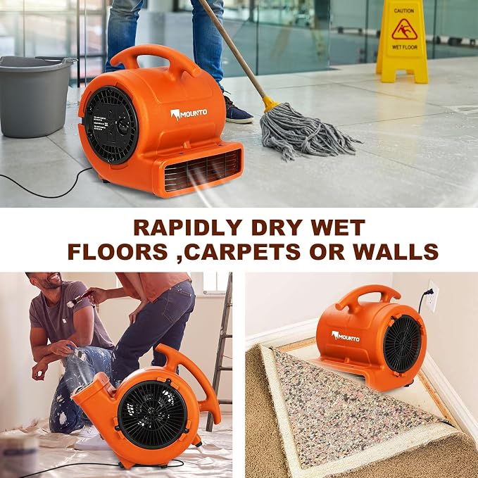 MOUNTO 1/4hp 1000CFM 2 Speed Air Mover Carpet Dryer Floor Fan Cooling Fan (Orange)