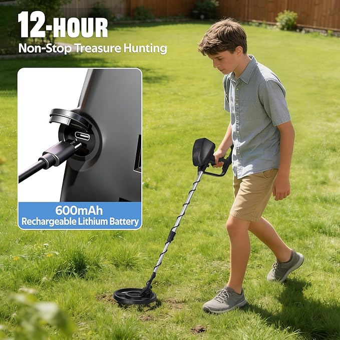 Rechargeable Metal Detector for Kids & Adults, Lightweight w/8” Waterproof Coil, Adjustable 31.5"-41.5", 12Hr Battery, Shovel Included - Beach Treasure Hunting