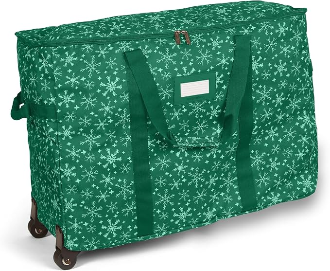 Covermates Keepsakes Rolling Treasurekeeper Storage Bag – Heavy-Duty Polyester with Dual Wheels & Handles – Protects Holiday Decorations with ID Window & Dual Zipper Access, Green Snowflake