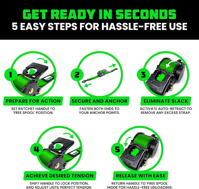 Rhino USA Retractable Ratchet Straps (4-Pack) - 1 Inch x 10 Feet (1,209lb Break Strength) - Auto Self Retracting Tie Down Straps for Truck, Cargo Trailer, Motorcycle, ATV, UTV - Green