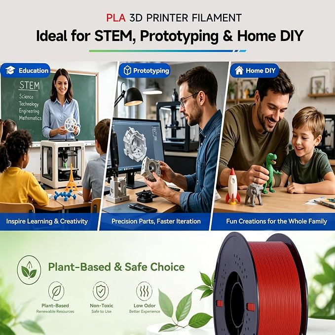 Kingroon PLA 3D Printer Filament, Dimensional Accuracy +/- 0.02 mm, 1 kg Spool(2.2lbs), 1.75 mm，Red