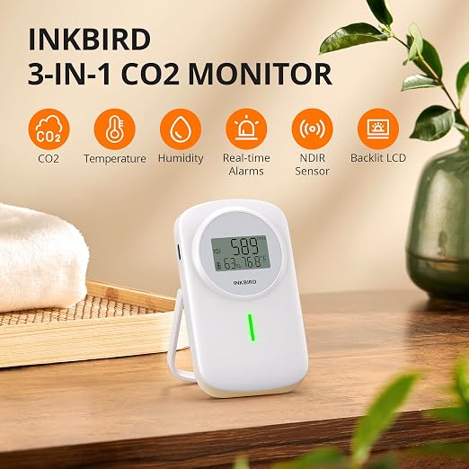 INKBIRD Air Quality Monitor Indoor Ndir 3 in 1 Meter | Detect Carbon Dioxide & Temperature & Humidity with Battery Powered | Sound System | for Home, Office, RV, Grow Tent (IAM-O2)