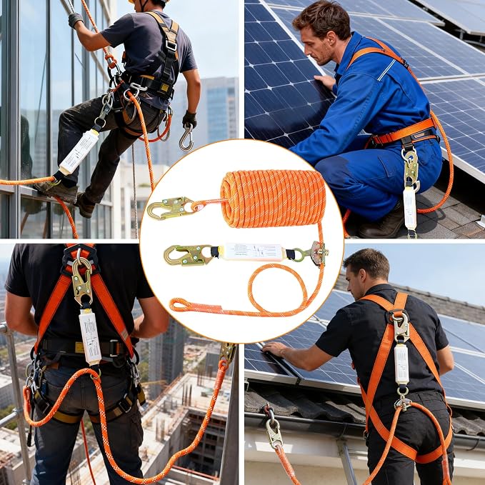 Fall Protection Safety Rope 100FT, Heavy Duty Vertical Lifeline Assembly with Grab Snap Hooks Shock Absorber, Safety Lanyard for Roofing Tree Climbing Construction