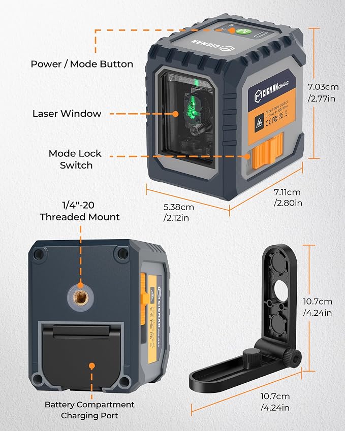 CIGMAN CM-G02 Cross Line Laser Level, Green Self-Leveling Line Laser with Rechargeable Battery, ±3mm Accuracy at 33ft, Magnetic Bracket, for Picture Hanging, Interior Decoration & DIY