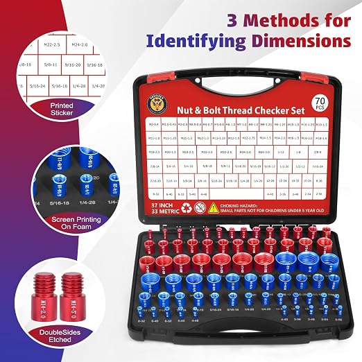 70 Pcs Thread Checker Nut and Bolt Thread Checker Set with 37 Inch and 33 Metric Box Set Thread Gauge SAE and Metric Sizes Perfect for Tight Spaces Ideal for Bolt and Nut Size Checking