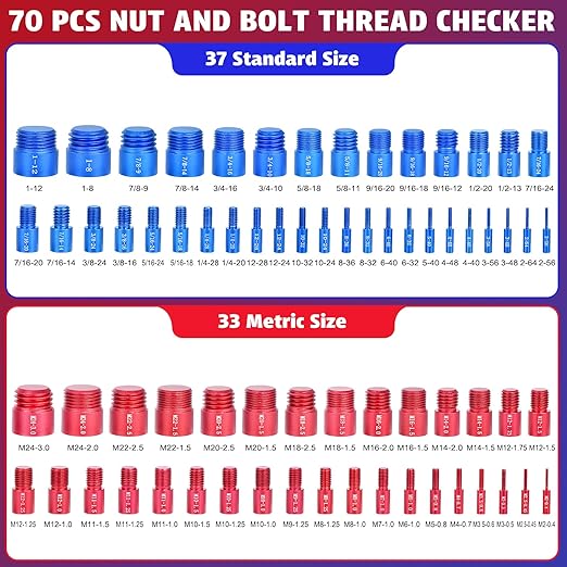 70 Pcs Thread Checker Nut and Bolt Thread Checker Set with 37 Inch and 33 Metric Box Set Thread Gauge SAE and Metric Sizes Perfect for Tight Spaces Ideal for Bolt and Nut Size Checking