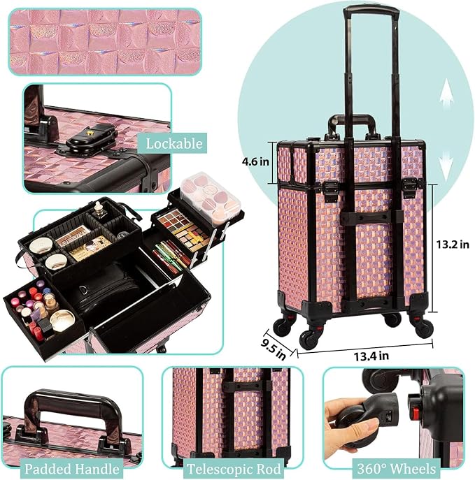 AROUS Rolling Makeup Train Case Cosmetic Travel Trolley with 4 Sliding Rail Trays, Removable Middle Layer, Key, Swivel Wheels, Aluminum Frame, Colorful, Salon Barber Traveling Cart Trunk