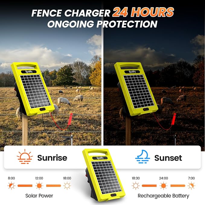 24 Hour Solar Electric Fence Charger, 20 Miles, Up to 10200v Output Range Electric Fence Charger, 0.32J Portable Energizer with Solar Panel for Livestock & Predator Protection