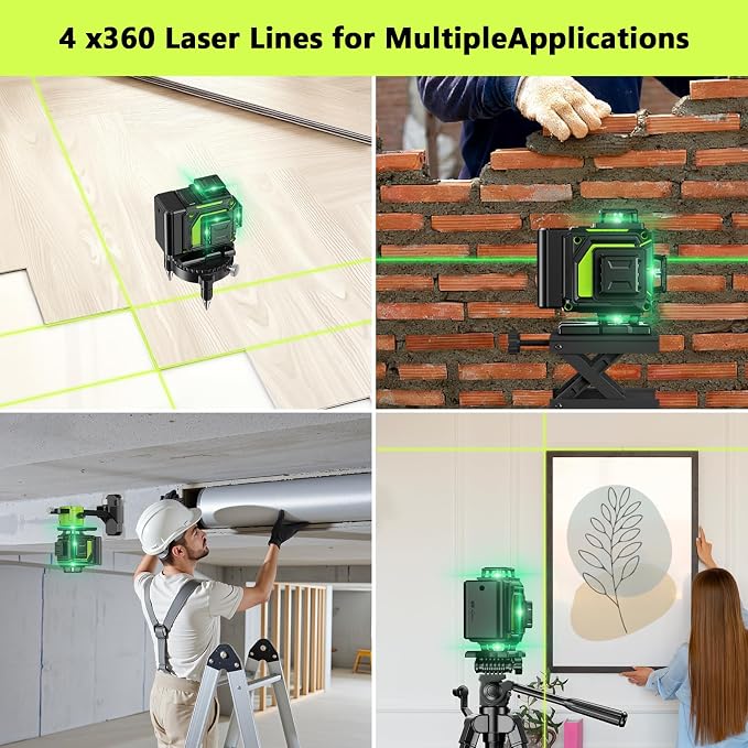 16 Line Laser Level 360 Self Leveling, 4x360°Professional 4D Green Cross Line laser Level with 2 Batteries, Adjustable Brightness & Remote Control, for Tiling Floor Construction and Picture Hanging