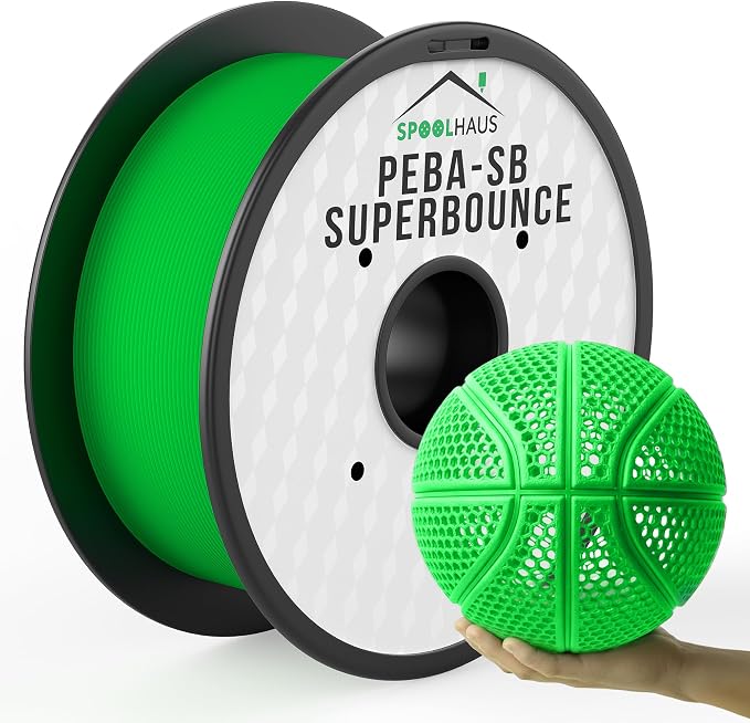 PEBA Filament High Rebound Flexible Filament Super TPU Nylon Based Strength 1.75mm 78% Energy Return Bouncy Airless Basketball Lightweight 3D Printer Filament SpoolHaus Superbounce (Green, 1kg)