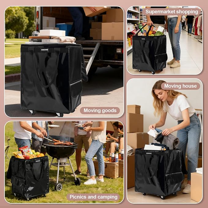 (Large,Black) Reusable Grocery Bag on 5 Wheels, 99L Foldable Rolling Tote Bag with 3 Handles and Zipper, Rolling Shopping Cart for Groceries, Storage, Laundry, Travel, Organizer, 86lb
