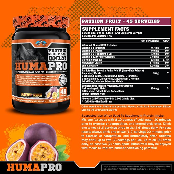 ALR Industries HumaPro Essential Amino Acid Formula | EAA Protein Supplement | Supports Muscle Recovery & Performance | Vegan, Gluten Free | | 45 Servings (Passion Fruit)