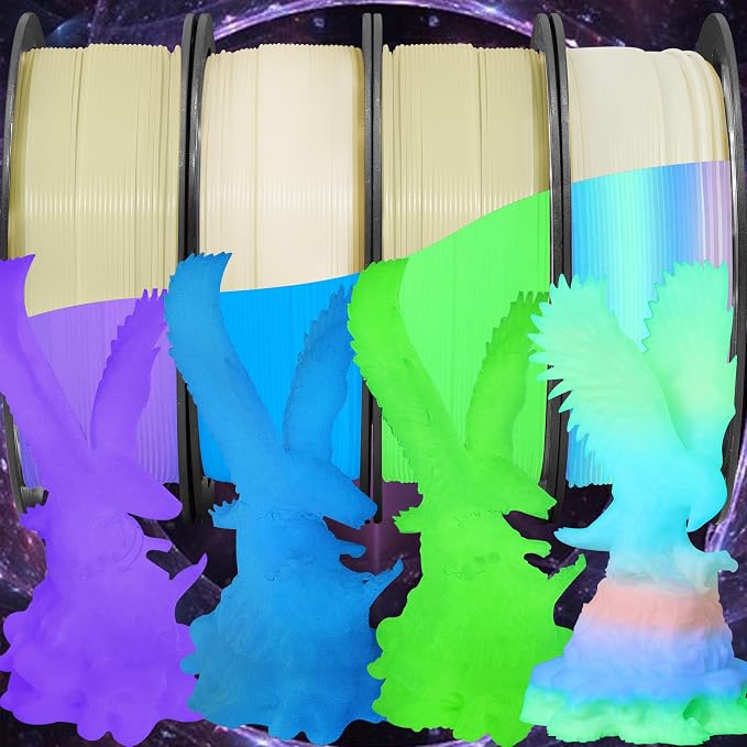 Bblife Glow in Dark PLA 3D Filament Bundle, 4 Popular Luminous Colors: Green, Purple, Blue, Rainbow, 1.75mm, 1kg
