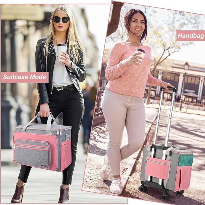 FINESUN Sewing Machine Case with Wheels, Rolling Sewing Machine Bag, Universal Craft Storage Bag for Brother Singer Janome and Most Embroidery Machine Carrying Tote Bag Pink