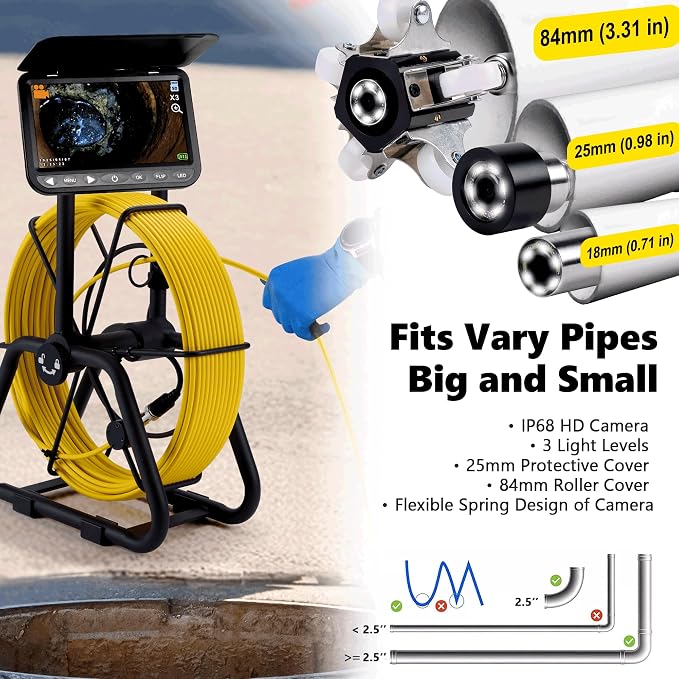 𝟐𝟎𝟐𝟓 𝐍𝐞𝐰 7” Sewer Camera, HD 1080P w/DVR-32GB, [NEW 1s Twist-to-Unlock System] Plumbing Snake Pipe Inspection Camera, [Thicker Cable Reel] Drain Camera, 5000mAh, [360°+180° Rotate] 100ft/30m
