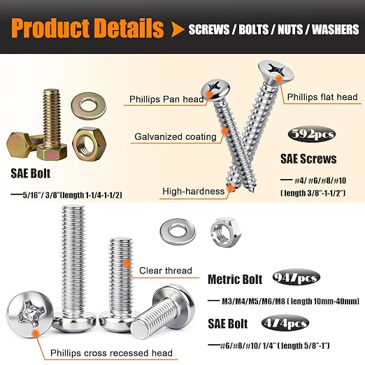 Dianrui 2013 PCS Metric & SAE Nuts & Bolts & Wood Screws Assortment Kit, Phillips Pan Head & Flat Head Screw, Grade 8.8 Metric Hex Bolt Set and Assorted Screws Nuts Bolts Washers (3 Trays)
