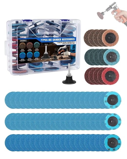 77 PCS 2 Inch Zirconia Sanding Discs, 1/4 Inch Roll Lock Quick Change Disc Accessories for Milwaukee M12 and Dewalt Die Grinders, Surface Conditioning for Paint, Rust Removal and Metal Deburring