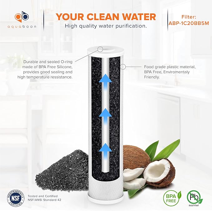 Aquaboon 5 Micron 20 x 4.5 Whole House Water Filter Replacement Cartridge Carbon Block Chlorine Reduction for 1-Stage Water Filtration System 2 Pack