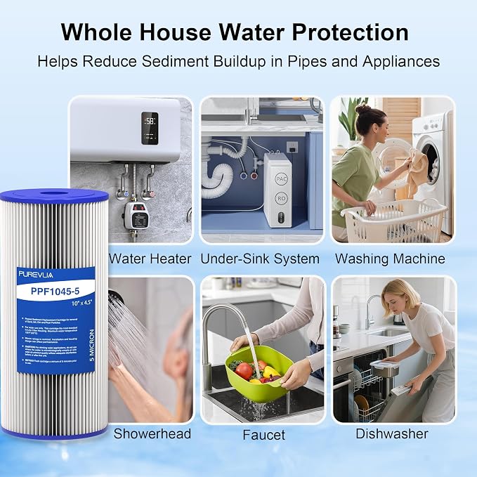 4-Pack 10" x 4.5" Pleated Sediment Water Filter Cartridge, 5 Micron High Flow Whole House Water Filter Replacement for Well Water, Compatible with Culligan R50-BBSA, GE FXHSC, ECP5-10B, R30-BB