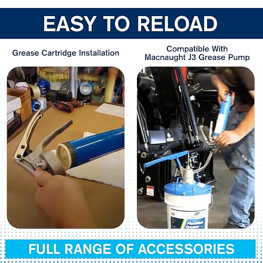 Macnaught Heavy Duty Pistol Grip Grease Gun with 10 Yr Warranty, Bulk fillable or 14oz. Cartridge. 1/8 NPT Flex Connection x 12″ Long, KY Supergrip Three-jaw high-Pressure Coupler. No Leak Connection