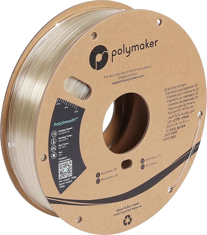 Polymaker PolySmooth PVB Filament 1.75mm 0.75kg Transparent - Print Like PLA Filament, Easy Smoothable Post Process with IPA Alcohol