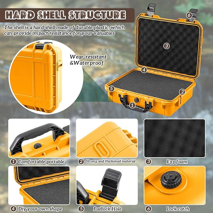 Relaxweex 1 Pcs Waterproof Hard Case with DIY Customizable Foam Insert Portable Protective Case with Knife for Camera Drones Equipments Tools Test Instruments(Yellow,11.3 x 8.7 x 4.2 Inch)