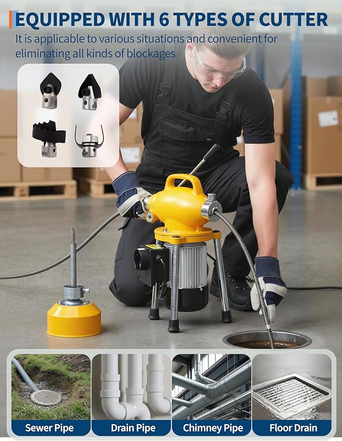 GarveeTech Electric Drain Cleaner Machine, Auto-Feed Sewer Snake with 66Ft x 5/8" & 16Ft x 3/8" Steel Cables & 6 Cutters, 500w 400 RPM Portable Pipe Cleaner for 1.6-4 Inch Pipes