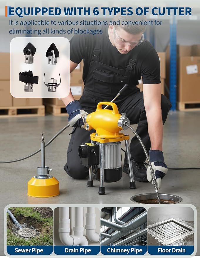 Portable Electric Drain Snake, Auto-Feed Drain Cleaning Machine with 66Ft & 16Ft Steel Cables, 6 Cutters for 1.6"-4" Pipes, 500w 400RPM Power Auger for Toilet Sink Bathtub Sewer Line