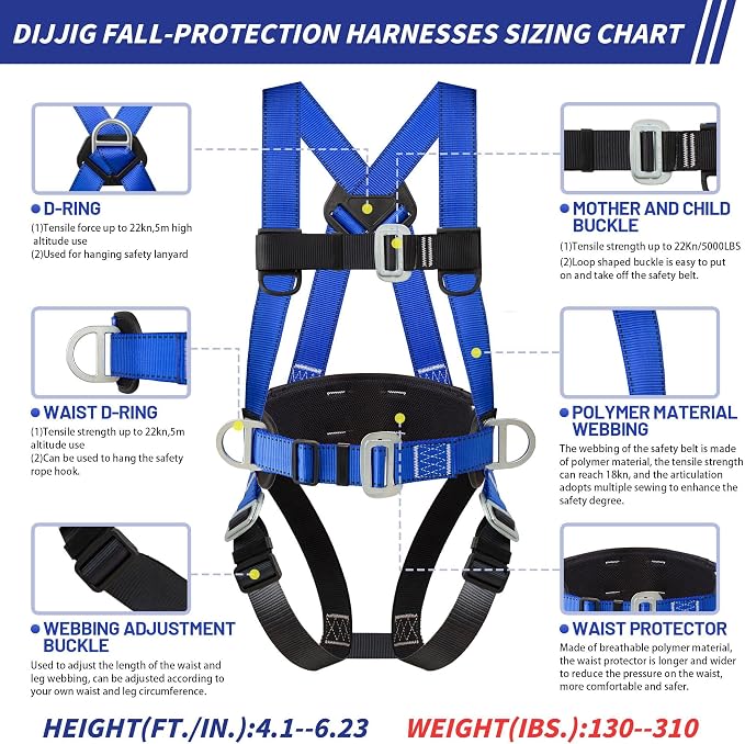 DIJJIG Safety Harness Fall Protection Kit Full Body Roofing Harnesses With Internal Shock Absorbing Lanyard, Blue Safety Harness For Construction OSHA/ANSI Compliant