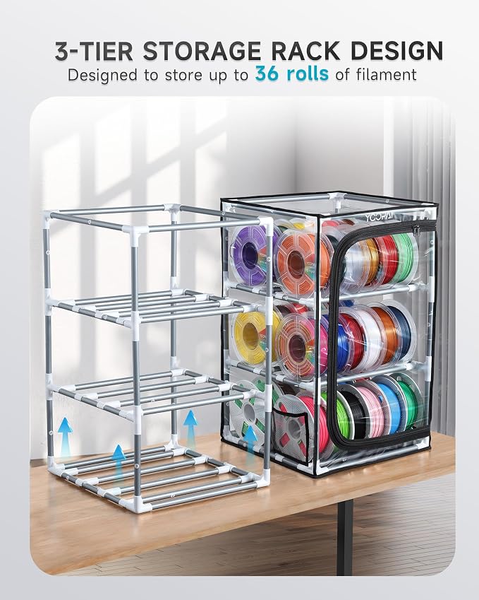 YOOPAI 3D Printer Filament Storage Box, 3-Tier Filament Storage Rack with Transparent Dust Cover, Holds Up to 30 1KG Spools, Filament Organizer and Spool Holder for PLA PETG ABS TPU, Workshop Studio