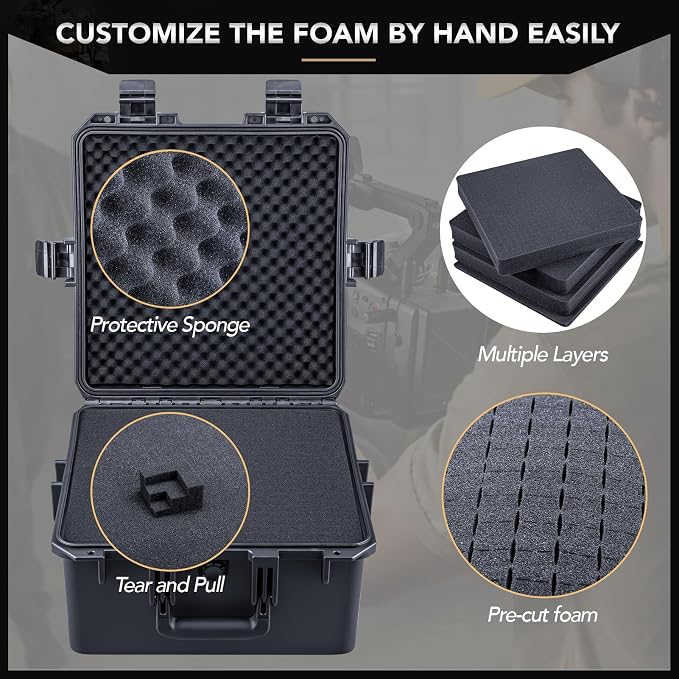 Lykus HC-3620 Waterproof Hard Case with Customizable Foam Insert, Interior Size 13.98x13.98x8.07 in, Suitable for camera, lens, drone, mic, flashlight, projector, electronics, tools, and more