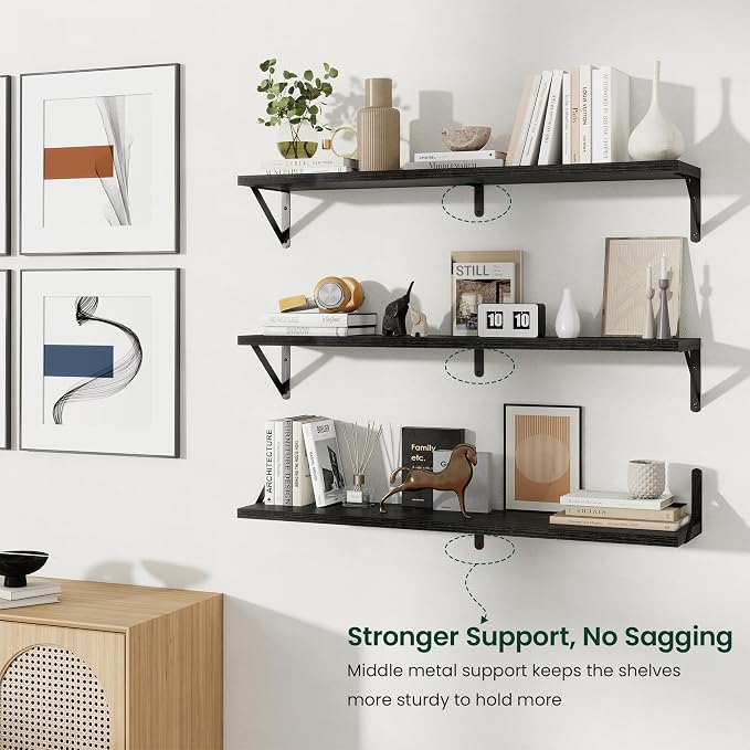 Floating Shelves 8 Inch Deep, 36W x 8D Wall Shelf Set of 2, 60 lbs Heavy Duty Reversible Metal Brackets, Industrial Book Shelf for Living Room Kitchen Bathroom Bedroom Gallery Wall, Black