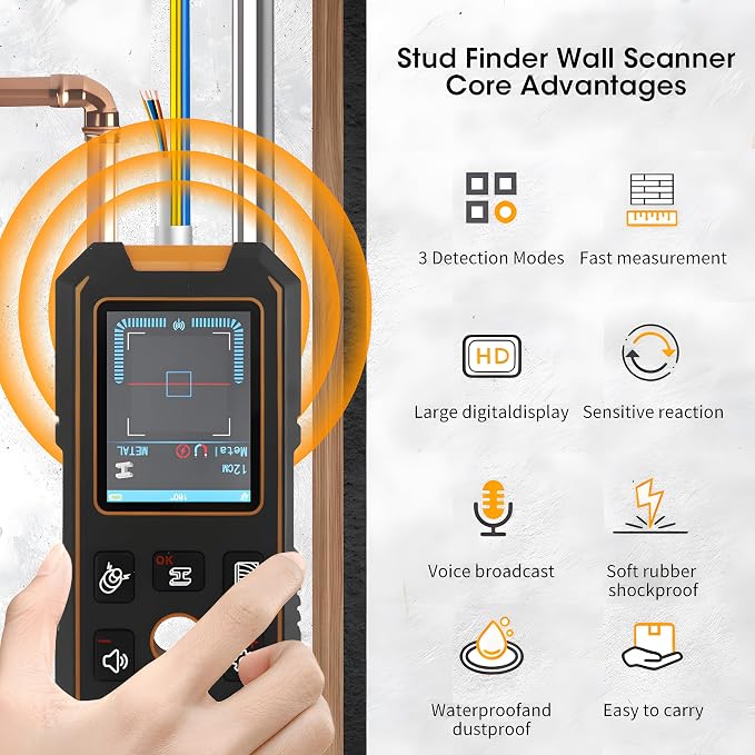 3 in 1 Stud Finder Wall ScannerLaser Distance Meter, Multifunctional Rechargeable Stud Detector with Metal, Wood AC Wire, Upgraded Smart Sensor Comes with HD LCD Display