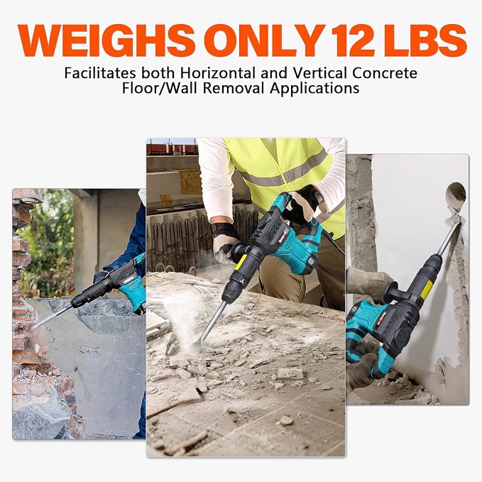 Berserker 1300W 12-Pound SDS-Max Demolition Jack Hammer 45HMC,11-Amp Corded | Small Lightweight Electric Concrete Breaker for Tile Removal with Vibration Control,Trigger Lock,Carrying Case & 3 Chisels