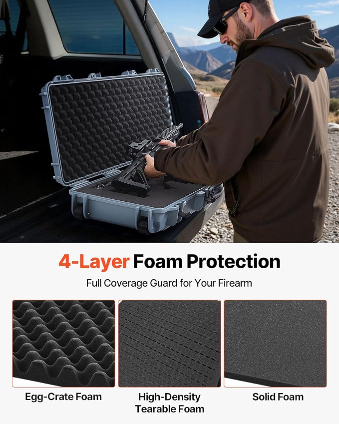 VEVOR Rifle Case, Rifle Hard Case with 4 Layers Fully-protective Foams, Lockable Hard Gun Case with Wheels, IP67 Waterproof & Crushproof, for Rifles or Shotguns