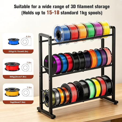 facka 3D Printer Filament Storage Rack, 3-Tier Metal Filament Spool Holder | Desktop Filament Organizer Shelf for 1kg PLA, ABS, TPU, PETG Rolls, Home Office, Studio, Workshop, 3D Printing Workspace