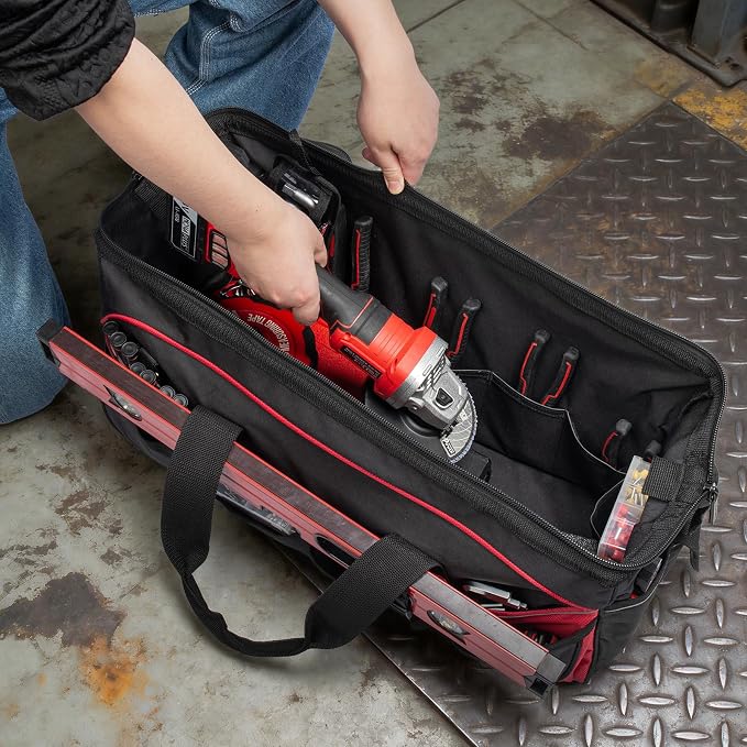 HAUTMEC 24" Heavy-Duty Large Tool Bag, 1680D Wear-Resistant Wide Mouth Tool Bag with Metal Frame & Hard Base, 36 Pockets, Level Holder, Anti-Tangle Padded Shoulder Strap – HT0284