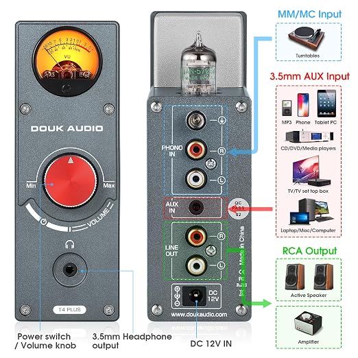 Douk Audio Tube Phono Preamp: HiFi MM/MC Turntable Preamplifier | Headphone Amp with AUX Input | VU Meter for Record Players, Vinyl Systems Audiophiles (T4 Plus)