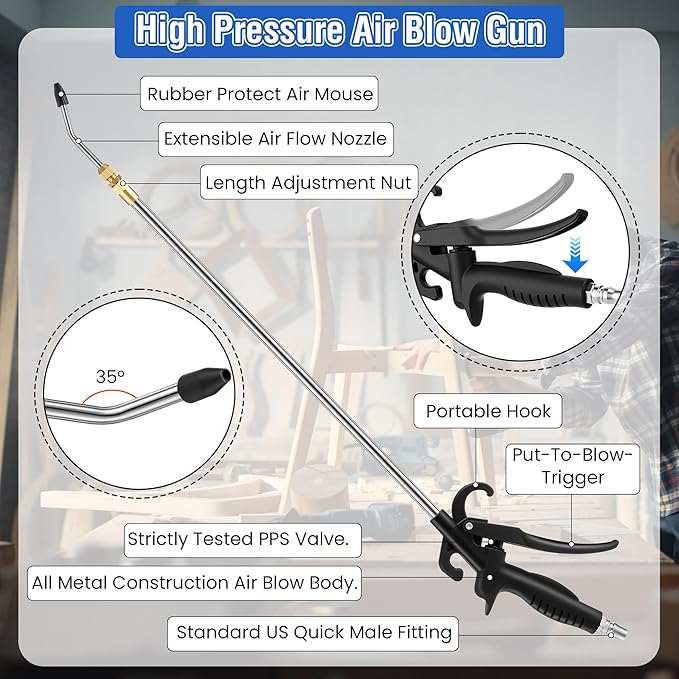 High Pressure Air Blow Gun, Extension Long Air Nozzle Blower Wand Fit 1/4" NPT Inlet & Lever Grip, Heavy Duty Industrial Blow Gun Pneumatic Tool for Radiator Compressor Attachment(2 Pcs,27-42 Inch)